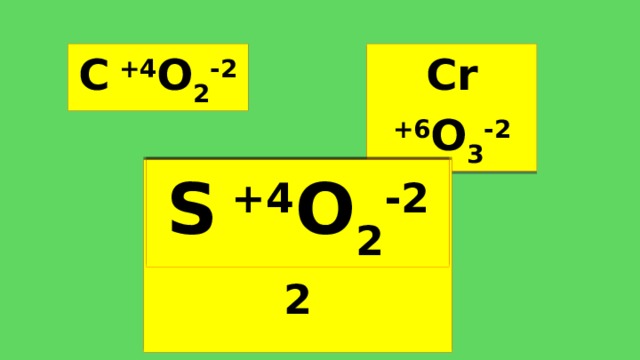 C +4 O 2 -2 Cr +6 O 3 -2 Si x +4 O y -2 S +4 O 2 -2