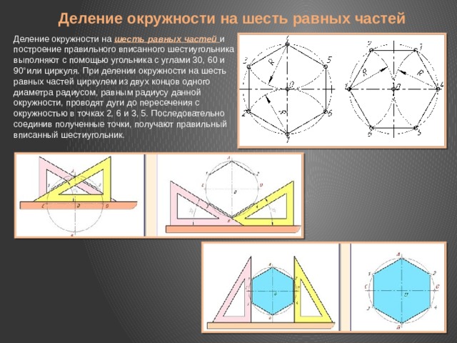 Деление окружности на шесть равных частей Деление окружности на шесть равных частей и построение пра­вильного вписанного шестиугольника выполняют с помощью угольника с углами 30, 60 и 90 º или циркуля. При делении окружности на шесть равных частей циркулем из двух концов одного диаметра радиусом, равным радиусу данной окружности, проводят дуги до пересечения с окружностью в точках 2, 6 и 3, 5. Последовательно соединив полученные точки, получают правильный вписанный шестиугольник. 