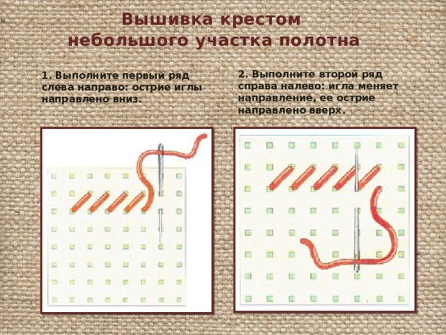 Вышивка крестом небольшого участка полотна 2. Выполните второй ряд справа налево: игла меняет направление, ее острие направлено вверх. 1. Выполните первый ряд слева направо: острие иглы направлено вниз. 