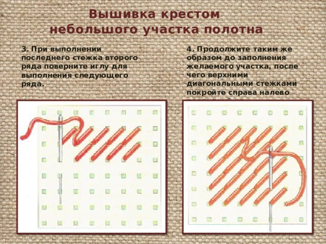 Вышивка крестом небольшого участка полотна 4. Продолжите таким же образом до заполнения желаемого участка, после чего верхними диагональными стежками покройте справа налево последний из выполненных рядов. 3. При выполнении последнего стежка второго ряда поверните иглу для выполнения следующего ряда. 