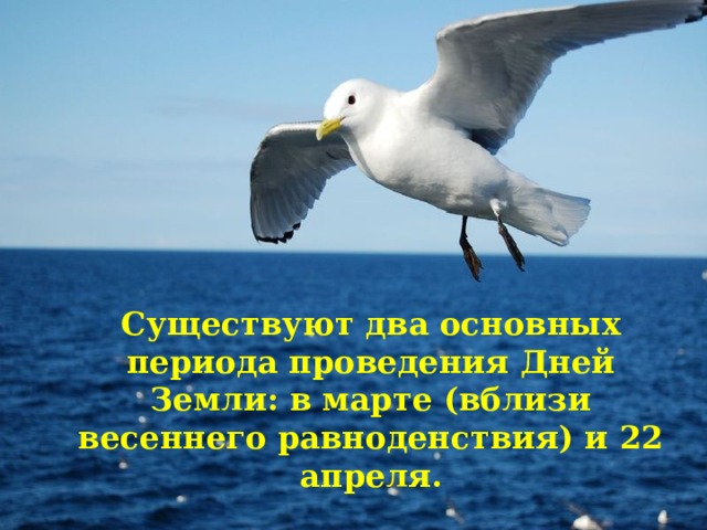 Существуют два основных периода проведения Дней Земли: в марте (вблизи весеннего равноденствия) и 22 апреля.  