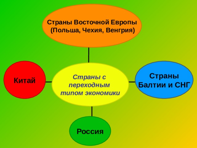 Страны Восточной Европы  (Польша, Чехия, Венгрия) Китай Страны Балтии и СНГ Страны с переходным типом экономики Россия 