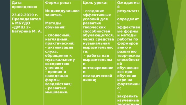 Дата проведения: Форма рока:   Цель урока: 23.02.2019 г. Преподаватель МБУДО «ДМШ 2» Индивидуальное занятие.  Ожидаемый результат: - создание эффективных условий для развития творческих способностей обучающегося, через средства музыкальной выразительности;  Батурина М. А. - определить эффективные формы и методы работы по формированию и развитию творческих способностей обучающихся при обучении игре на фортепиано; Методы обучения:  - закрепить изученные теоретические знания (штрихи, лад, темп, ритм, мелодия, динамика) -  - работа над выразительным интонированием мелодической линии;   - словесный, наглядный, практический; - активизация слуха, обращение к музыкальному восприятию ученика; - прямая и наводящая формы воздействия; - развитие мышления.