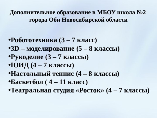 Дополнительное образование в МБОУ школа №2 города Оби Новосибирской области