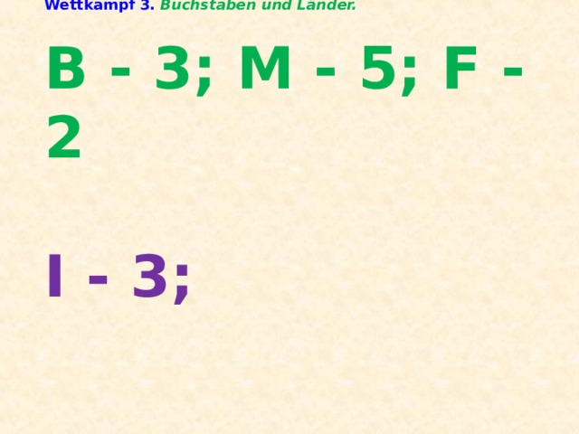 Wettkampf 3. Buchstaben und Länder.   B - 3; M - 5; F - 2   I - 3;