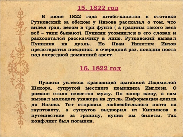 15. 1822 год  В июне 1822 года штабс-капитан в отставке Рутковский за обедом у Инзова рассказал о том, что видел град, весом в три фунта ( а градины такого веса всё – таки бывают). Пушкин усомнился в его словах и расхохотался рассказчику в лицо, Рутковский вызвал Пушкина на дуэль. Но Иван Никитич Инзов предотвратил поединок, в очередной раз, посадив поэта под очередной домашний арест. 16. 1822 год  Пушкин увлекся красавицей цыганкой Людмилой Шекора, супругой местного помещика Инглези. О романе стало известно мужу. Он запер жену, а сам вызвал молодого ухажера на дуэль. Информация дошла до Инзова. Тот отправил любвеобильного поэта на гауптвахту, а супругов выдворил из Кишинева в путешествие за границу, купив им билеты. Так конфликт был погашен. 