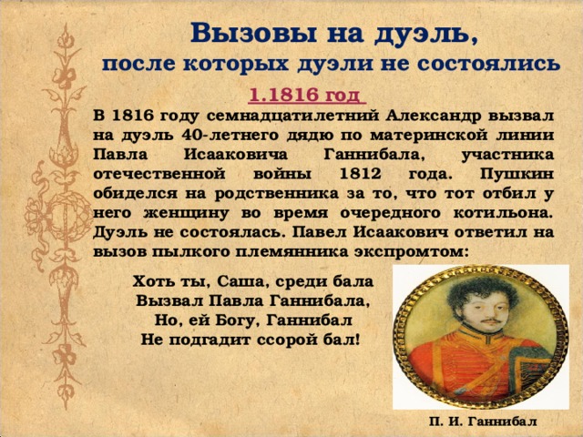 Вызовы на дуэль, после которых дуэли не состоялись 1.1816 год В 1816 году семнадцатилетний Александр вызвал на дуэль 40-летнего дядю по материнской линии Павла Исааковича Ганнибала, участника отечественной войны 1812 года. Пушкин обиделся на родственника за то, что тот отбил у него женщину во время очередного котильона. Дуэль не состоялась. Павел Исаакович ответил на вызов пылкого племянника экспромтом: Хоть ты, Саша, среди бала Вызвал Павла Ганнибала, Но, ей Богу, Ганнибал Не подгадит ссорой бал! П. И. Ганнибал 