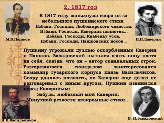 2. 1817 год В 1817 году вспыхнула ссора из-за небольшого пушкинского стиха : Избави, Господи, Любомирского чванства, Избави, Господи, Каверина пьянства… Избави, Господи, Кнабенау усов, Избави, Господи, Пашковских носов …  П.П.Каверин М.В.Пашков Пушкину угрожали дуэлью оскорбленные Каверин и Пашков. Завадовский пытался взять вину поэта на себя, сказав, что он – автор скандальных строк. Разгоревшимся скандалом заинтересовался командир гусарского корпуса князь Васильчиков. Ссору удалось погасить, но Каверин еще долго не разговаривал с юным другом. Пушкин извинился перед Кавериным: Забудь, любезный мой Каверин, Минутной резвости нескромные стихи…  В. П.Завадовский  И.В.Васильчиков 