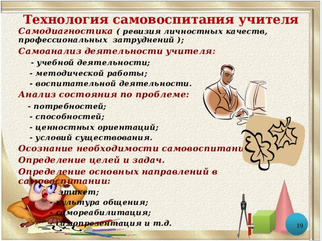 Технология самовоспитания учителя Самодиагностика  ( ревизия личностных качеств, профессиональных затруднений ); Самоанализ деятельности учителя :  - учебной деятельности;  - методической работы;  - воспитательной деятельности. Анализ состояния по проблеме:  - потребностей;  - способностей;  - ценностных ориентаций;  - условий существования. Осознание необходимости самовоспитания. Определение целей и задач. Определение основных направлений в самовоспитании:       - этикет;      - культура общения;      - самореабилитация;      - самопрезентация и т.д.  