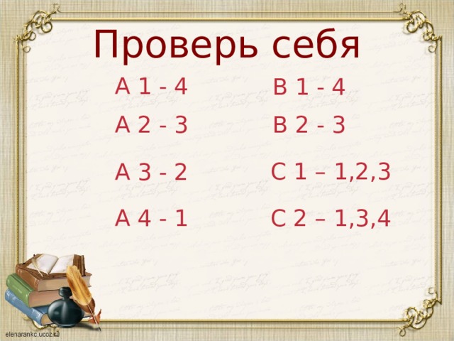 Проверь себя А 1 - 4 В 1 - 4 А 2 - 3 В 2 - 3 С 1 – 1,2,3 А 3 - 2 А 4 - 1 С 2 – 1,3,4 