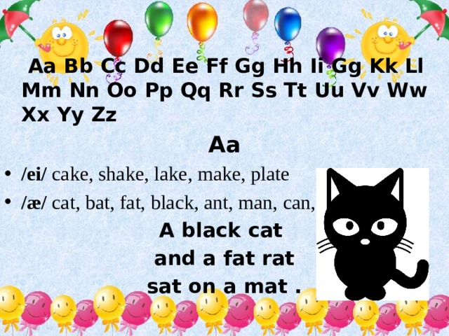 Aa Bb Cc Dd Ee Ff Gg Hh Ii Gg Kk Ll Mm Nn Oo Pp Qq Rr Ss Tt Uu Vv Ww Xx Yy Zz Aa /ei/ cake, shake, lake, make, plate /æ/ cat, bat, fat, black, ant, man, can, name, plane A black cat and a fat rat sat on a mat .
