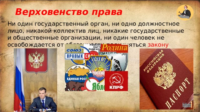 Верховенство права   Ни один государственный орган, ни одно должностное лицо, никакой коллектив лиц, никакие государственные и общественные организации, ни один человек не освобождается от обязанности подчиняться закону 