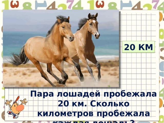 20 км Пара лошадей пробежала 20 км. Сколько километров пробежала каждая лошадь? 