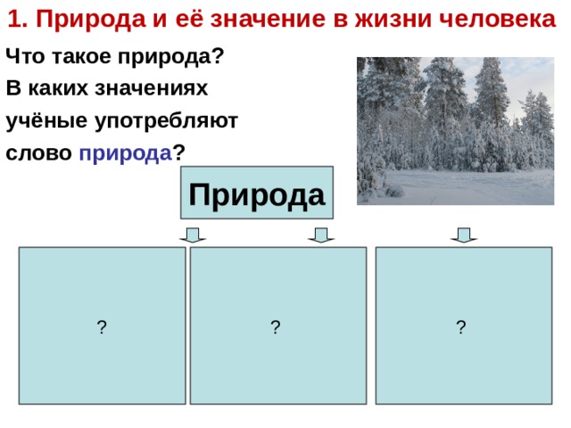 1. Природа и её значение в жизни человека Что такое природа ? В каких значениях учёные употребляют слово природа ?  Природа ? ?  ?  