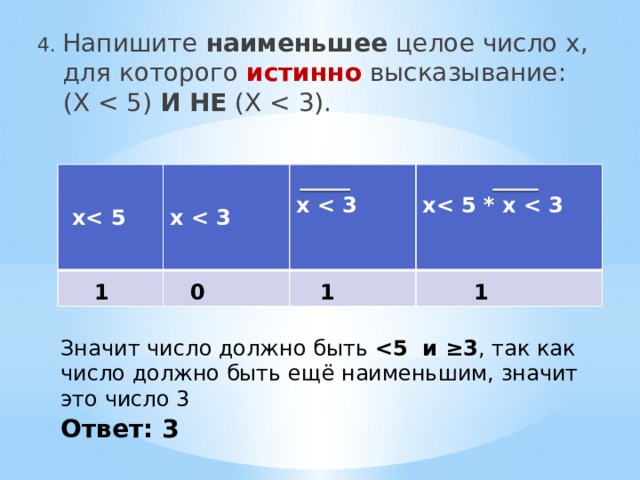 4. Напишите наименьшее целое число х, для которого истинно высказывание:  (X И НЕ (X  x x  x    x   1 1 1 0 Значит число должно быть  , так как число должно быть ещё наименьшим, значит это число 3 Ответ: 3 