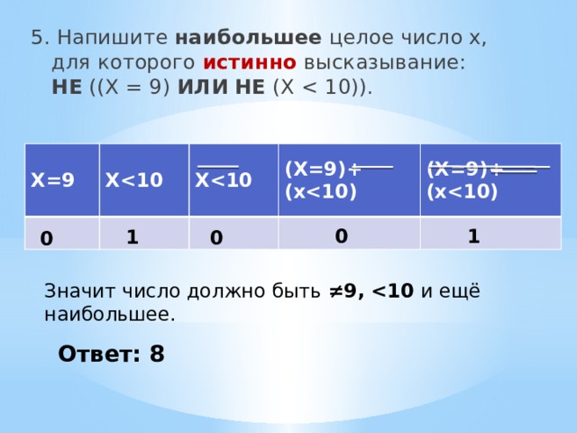 5. Напишите наибольшее целое число х, для которого истинно высказывание:  НЕ ((X = 9) ИЛИ  НЕ (X X=9 X  (X=9)+(x X (X=9)+(x  0 1 1 0 0 Значит число должно быть ≠9,  и ещё наибольшее. Ответ: 8 