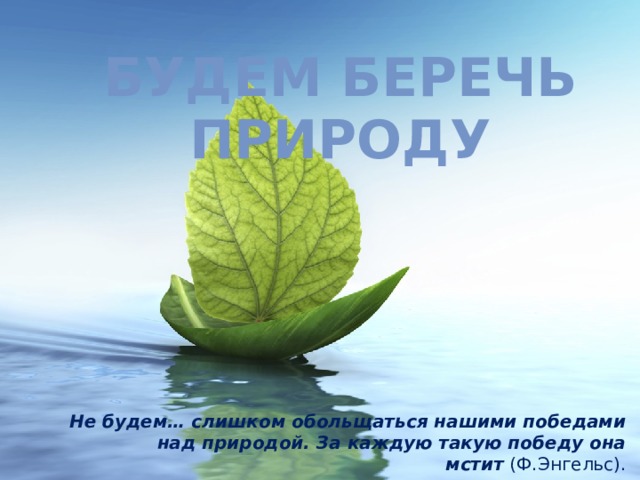 Будем беречь природу Не будем… слишком обольщаться нашими победами над природой. За каждую такую победу она мстит  (Ф.Энгельс). 