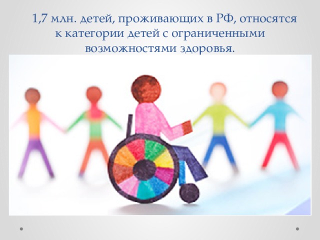     1,7 млн. детей, проживающих в РФ, относятся к категории детей с ограниченными возможностями здоровья. 