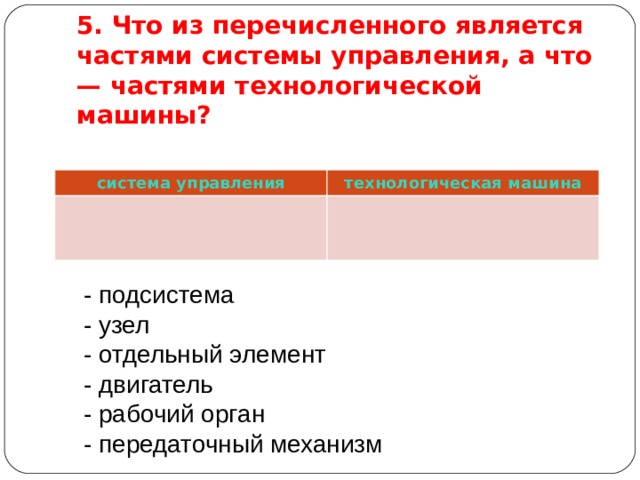 Что из перечисленного является особенностью автономных округов. Что из перечисленного является частями системы управления?. Что из перечисленного является частями технологической машины?. Система управления технологическими машинами. Подсистема узел отдельный элемент двигатель.