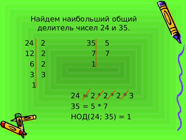 Найдем наибольший общий делитель чисел 24 и 35.  24 2 35 5  12 2 7 7  6 2 1  3 3  1  24 = 2 * 2 * 2 * 3  35 = 5 * 7  НОД(24; 35) = 1 