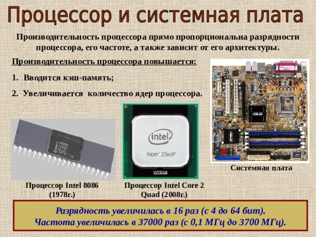 Производительность процессора прямо пропорциональна разрядности процессора, его частоте, а также зависит от его архитектуры. Производительность процессора повышается: Вводится кэш-память; 2. Увеличивается количество ядер процессора. Системная плата Процессор Intel 8086 (1978 г.) Процессор Intel Core 2 Quad (2008 г.)  Разрядность увеличилась в 16 раз (с 4 до 64 бит). Частота увеличилась в 37000 раз (с 0,1 МГц до 3700 МГц).  