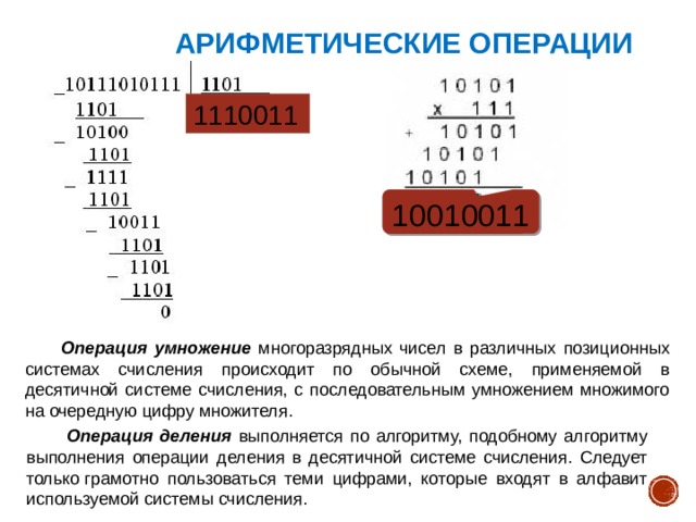 Арифметические операции 1110011 10010011  Операция умножение многоразрядных чисел в различных позиционных системах счисления происходит по обычной схеме, применяемой в десятичной системе счисления, с последовательным умножением множимого на очередную цифру множителя.  Операция деления выполняется по алгоритму, подобному алгоритму выполнения операции деления в десятичной системе счисления. Следует только грамотно пользоваться теми цифрами, которые входят в алфавит используемой системы счисления. 