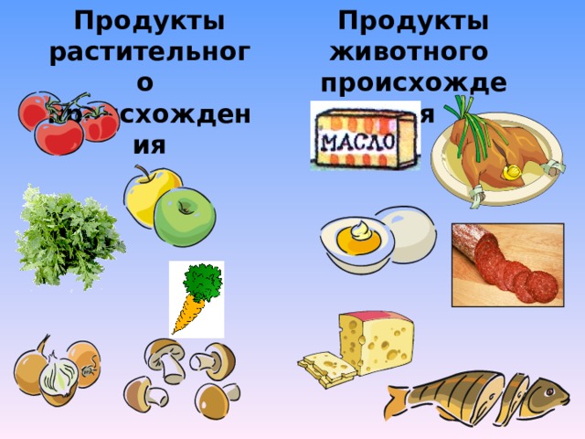 Продукты растительного происхождения Продукты животного происхождения 
