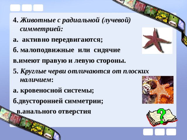 4. Животные с радиальной (лучевой) симметрией: а. активно передвигаются; б. малоподвижные или сидячие в.имеют правую и левую стороны. 5. Круглые черви отличаются от плоских наличием : а. кровеносной системы; б.двусторонней симметрии;  в.анального отверстия 