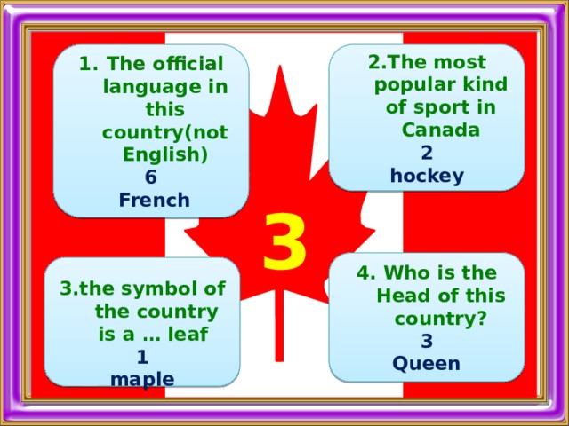  The official language in this country(not English) 6 2.The most popular kind of sport in Canada  French 2 hockey    3  4. Who is the Head of this country? 3 Queen   3.the symbol of the country is a … leaf 1 maple 