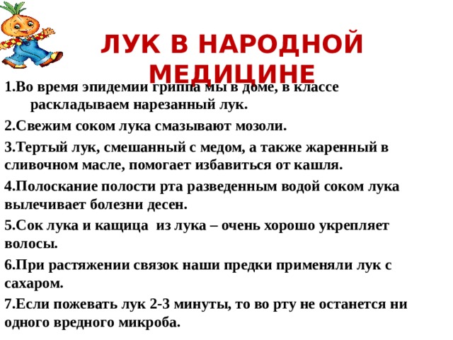   ЛУК В НАРОДНОЙ МЕДИЦИНЕ 1.Во время эпидемии гриппа мы в доме, в классе раскладываем нарезанный лук. 2.Свежим соком лука смазывают мозоли. 3.Тертый лук, смешанный с медом, а также жаренный в сливочном масле, помогает избавиться от кашля. 4.Полоскание полости рта разведенным водой соком лука вылечивает болезни десен. 5.Сок лука и кащица из лука – очень хорошо укрепляет волосы. 6.При растяжении связок наши предки применяли лук с сахаром. 7.Если пожевать лук 2-3 минуты, то во рту не останется ни одного вредного микроба.  