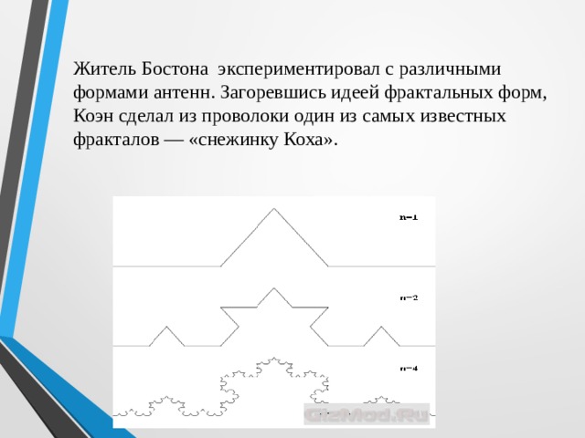 Житель Бостона экспериментировал с различными формами антенн. Загоревшись идеей фрактальных форм, Коэн сделал из проволоки один из самых известных фракталов — «снежинку Коха». 