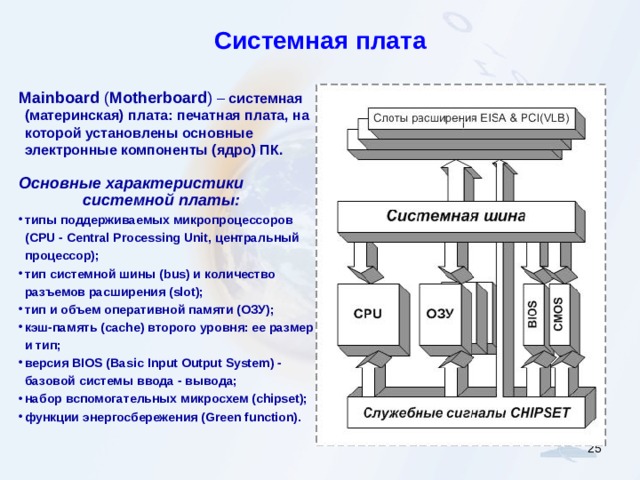 Системная плата Mainboard ( Motherboard ) – системная  (материнская) плата: печатная плата, на которой установлены основные электронные компоненты (ядро) ПК .  Основные характеристики   системной платы: типы поддерживаемых микропроцессоров ( CPU - Central Processing Unit , центральный процессор); тип системной шины ( bus ) и количество разъемов расширения ( slot ); тип и объем оперативной памяти (ОЗУ); кэш-память ( cache ) второго уровня: ее размер и тип; версия BIOS ( Basic Input Output System ) - базовой системы ввода - вывода; набор вспомогательных микросхем (chipset); функции энергосбережения (Green function).  