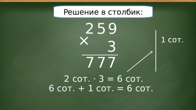 Решение в столбик: 9 2 5 × 1 сот. 3 7 7 7 2 сот. · 3 = 6 сот. 6 сот. + 1 сот. = 6 сот. 