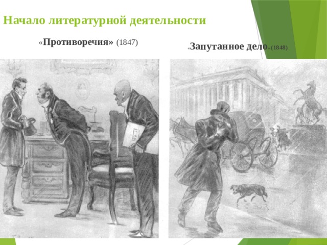 Начало литературной деятельности « Противоречия» (1847) « Запутанное дело » (1848) 