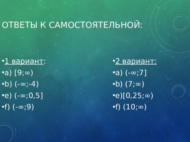 Ответы к самостоятельной: 1 вариант : a) [9;∞) b) (-∞;-4) e) (-∞;0,5] f) (-∞;9) 2 вариант: a) (-∞;7] b) (7;∞) e)[0,25;∞) f) (10;∞) 