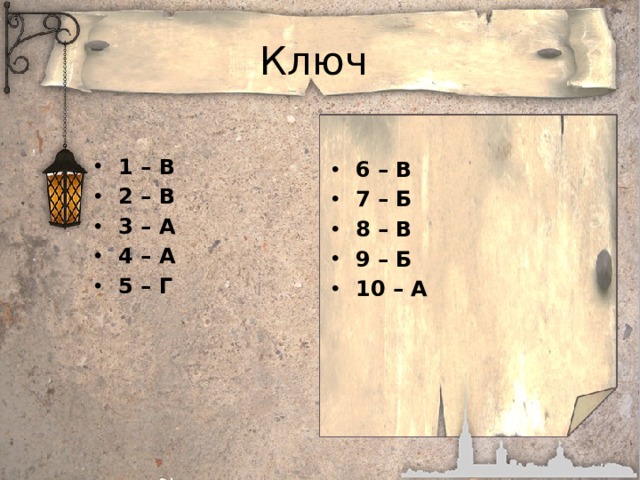 Ключ 1 – В 2 – В 3 – А 4 – А 5 – Г 6 – В 7 – Б 8 – В 9 – Б 10 – А 