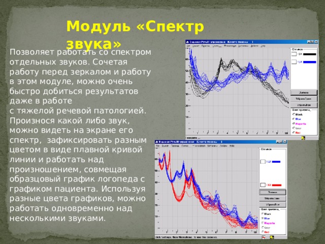 Модуль «Спектр звука» Позволяет работать со спектром отдельных звуков. Сочетая работу перед зеркалом и работу в этом модуле, можно очень быстро добиться результатов даже в работе с тяжелой речевой патологией. Произнося какой либо звук, можно видеть на экране его спектр,  зафиксировать разным цветом в виде плавной кривой линии и работать над произношением, совмещая образцовый график логопеда с графиком пациента. Используя разные цвета графиков, можно работать одновременно над несколькими звуками.  