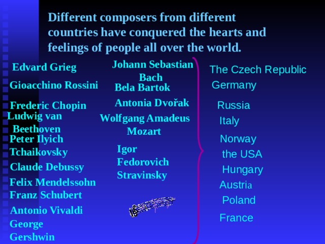 Different composers from different countries have conquered the hearts and feelings of people all over the world. Johann Sebastian  Bach Edvard Grieg The Czech Republic Germany Gioacchino Rossini Bela Bartok Antonia Dvořak Russia Frederic Chopin Ludwig van  Beethoven Wolfgang Amadeus  Mozart Italy Norway Peter Ilyich Tchaikovsky Igor Fedorovich Stravinsky the USA Claude Debussy Hungary Felix Mendelssohn Austri a Franz Schubert Poland Antonio Vivaldi France George Gershwin 