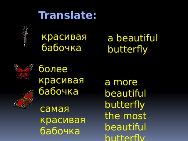 Translate: красивая бабочка а beautiful butterfly более красивая бабочка а more beautiful butterfly самая красивая бабочка the most beautiful butterfly 