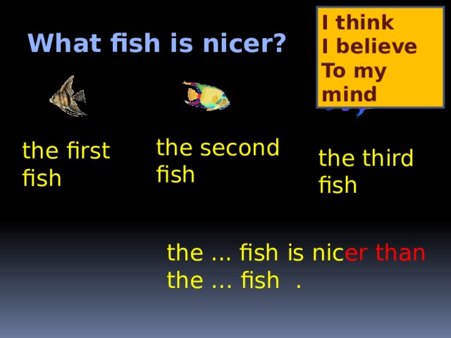 I think I believe To my mind What fish is nicer? the second fish the first fish the third fish the ... fish is nic er  than  the  … fish . 