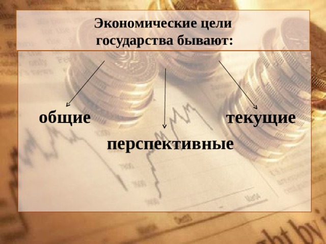  Экономические цели  государства бывают:    общие текущие  перспективные 