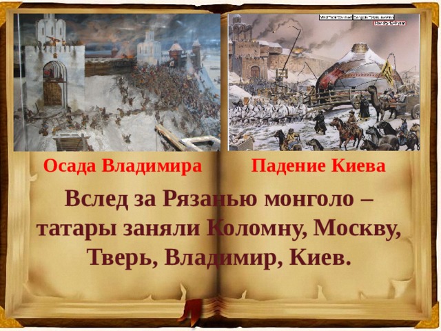  Осада Владимира Падение Киева Вслед за Рязанью монголо – татары заняли Коломну, Москву, Тверь, Владимир, Киев. 