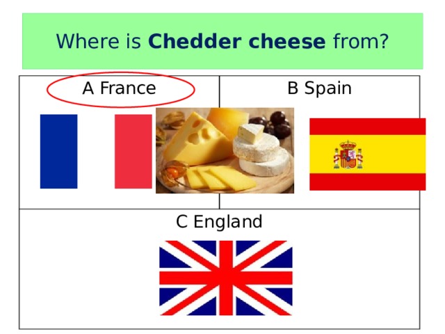 Where is Chedder cheese from? A France B Spain C England