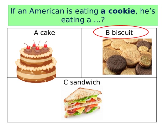 If an American is eating a cookie , he’s eating a …? A cake B biscuit C sandwich