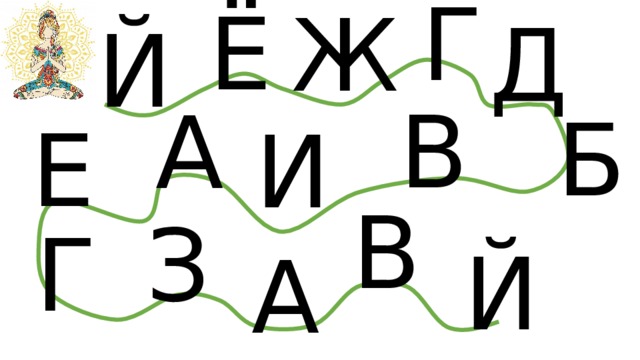 Г Ё Ж Д Й В А Б Е И В З Г Й А Поможем Йогу дойти по дорожке до цветочков, назовём все буквы.  