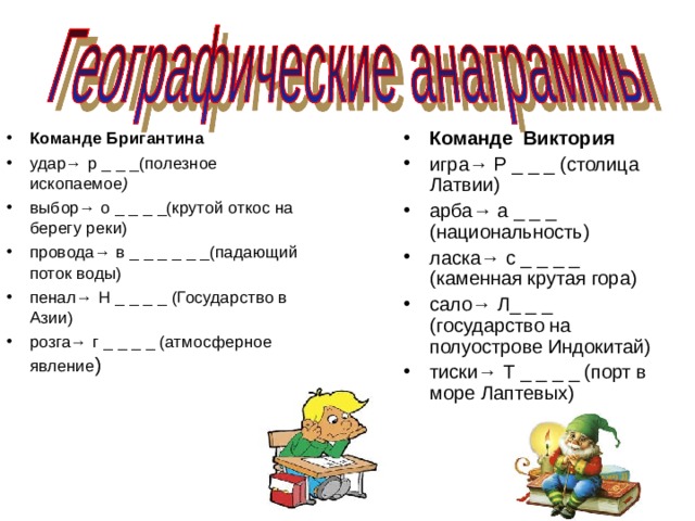 Команде Виктория игра→ Р _ _ _ (столица Латвии) арба→ а _ _ _ (национальность) ласка→ с _ _ _ _ (каменная крутая гора) сало→ Л_ _ _ (государство на полуострове Индокитай) тиски→ Т _ _ _ _ (порт в море Лаптевых)  Команде Бригантина удар→ р _ _ _(полезное ископаемое ) выбор→ о _ _ _ _(крутой откос на берегу реки)  провода→ в _ _ _ _ _ _(падающий поток воды) пенал→ Н _ _ _ _ (Государство в Азии) розга→ г _ _ _ _ (атмосферное явление )    