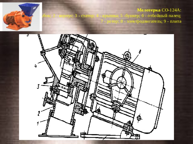 Мелотерка СО-124А:  1 - патрубок; 2 - корпус; 3 - статор; 4 - крышка; 5 -бункер; б - отбойный палец; 7 - ротор; 8 - электродвигатель; 9 - плита   