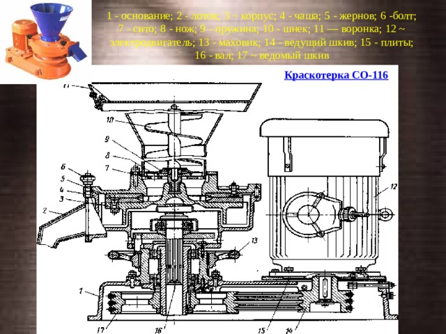 1 - основание; 2 - лоток; 3 ~ корпус; 4 - чаша; 5 - жернов; 6 -болт; 7 - сито; 8 - нож; 9 - пружина; 10 - шнек; 11 — воронка; 12 ~ электродвигатель; 13 - маховик; 14 - ведущий шкив; 15 - плиты; 16 - вал; 17 ~ ведомый шкив   