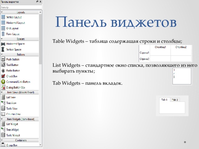 Панель виджетов Table Widgets – таблица содержащая строки и столбцы; List Widgets – стандартное окно списка, позволяющего из него выбирать пункты; Tab Widgets – панель вкладок. 