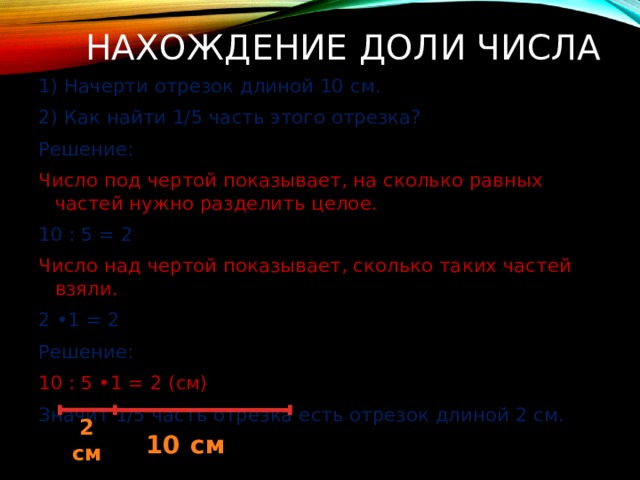 Нахождение доли числа 1) Начерти отрезок длиной 10 см. 2) Как найти 1/5 часть этого отрезка? Решение: Число под чертой показывает, на сколько равных частей нужно разделить целое. 10 : 5 = 2 Число над чертой показывает, сколько таких частей взяли. 2 •1 = 2 Решение: 10 : 5 •1 = 2 (см) Значит 1/5 часть отрезка есть отрезок длиной 2 см. 2 см 10 см 